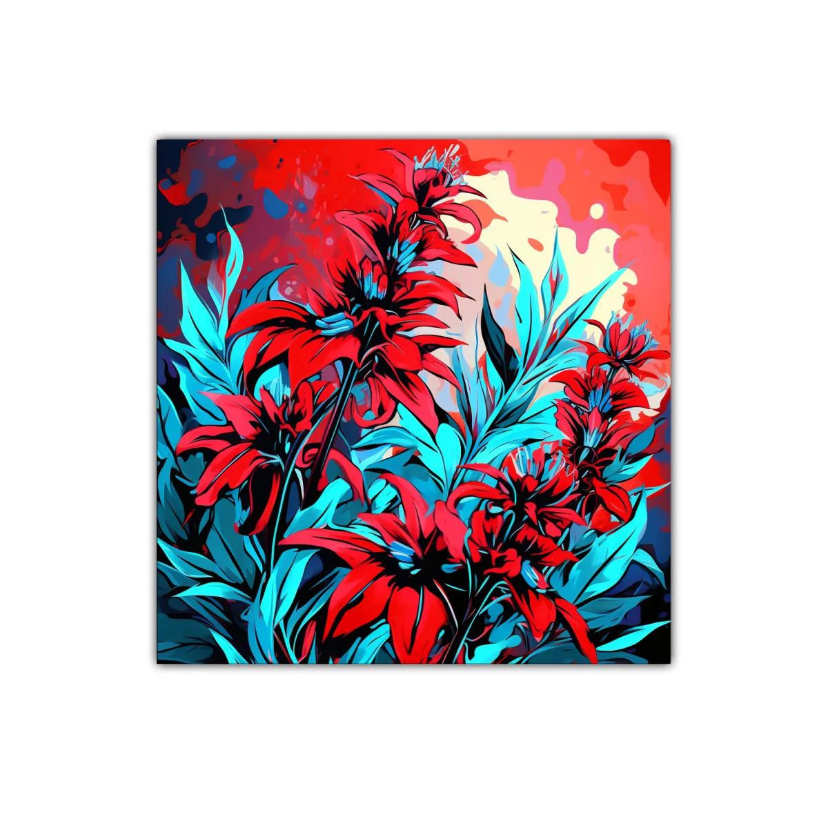 Vibrante composición floral en tonos rojos y azules eléctricos — imagen principal