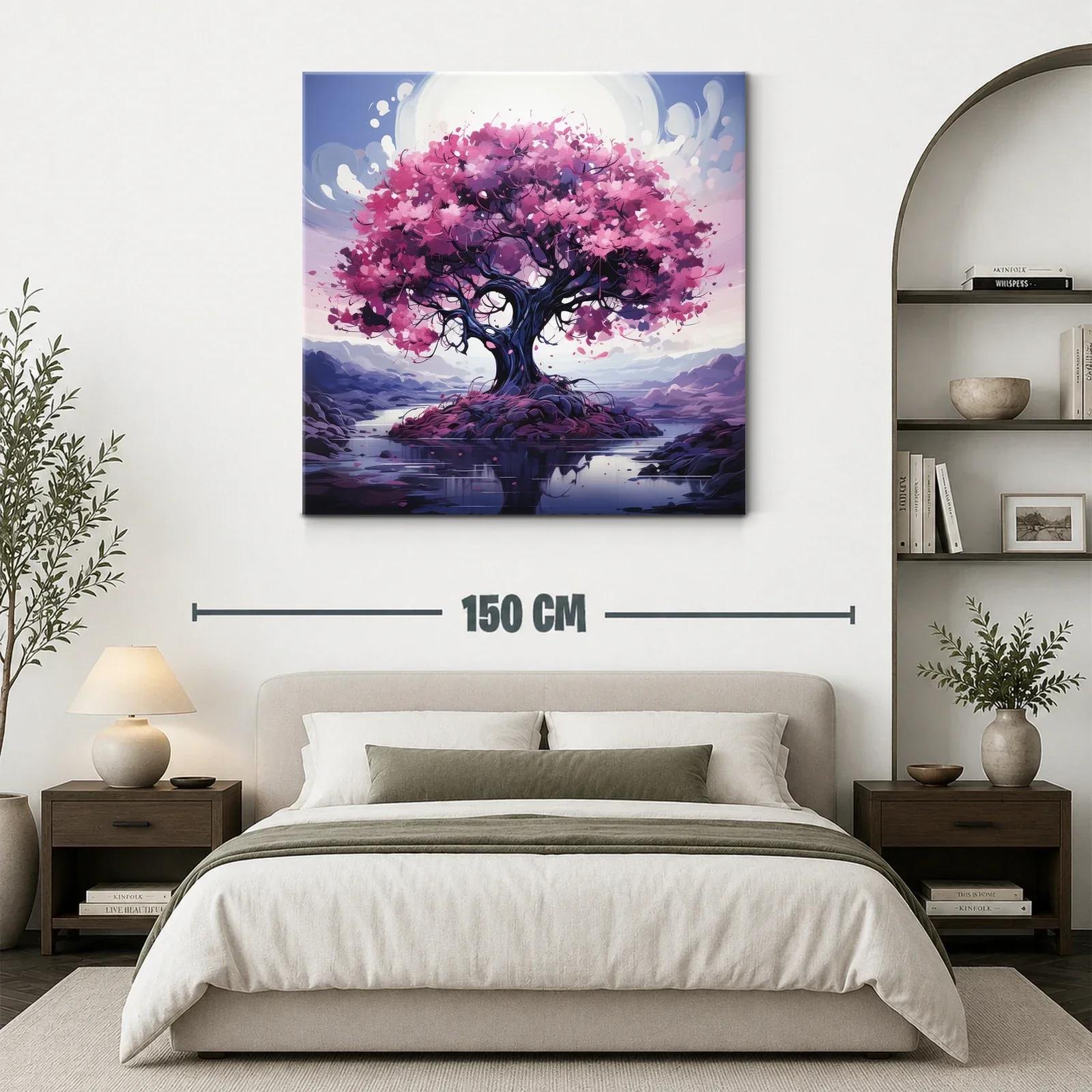 Árbol con flores rosas en paisaje sereno y reflexivo — miniatura 3