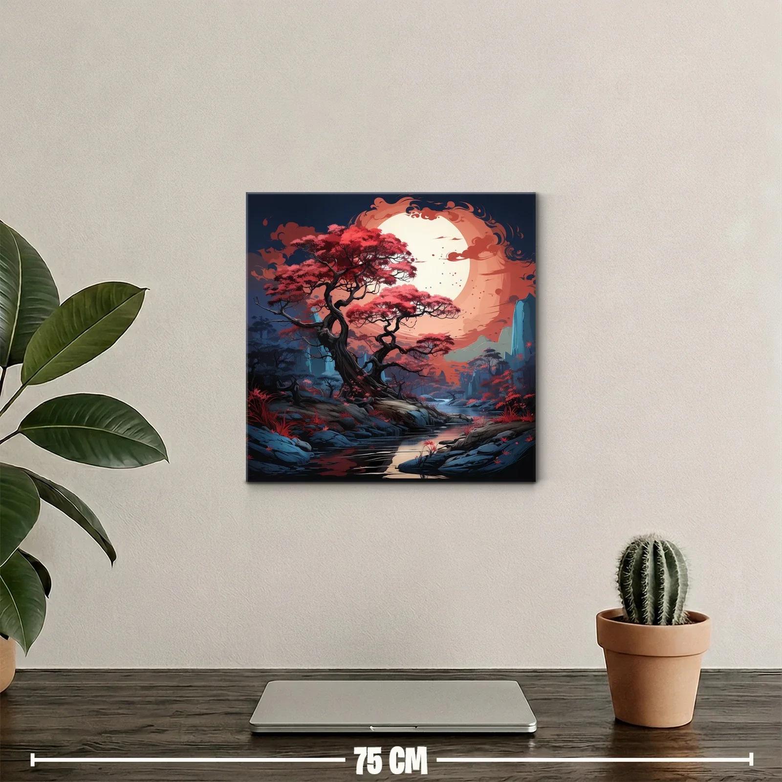 Paisaje mágico con árbol rojo bajo una luna enorme — miniatura 2