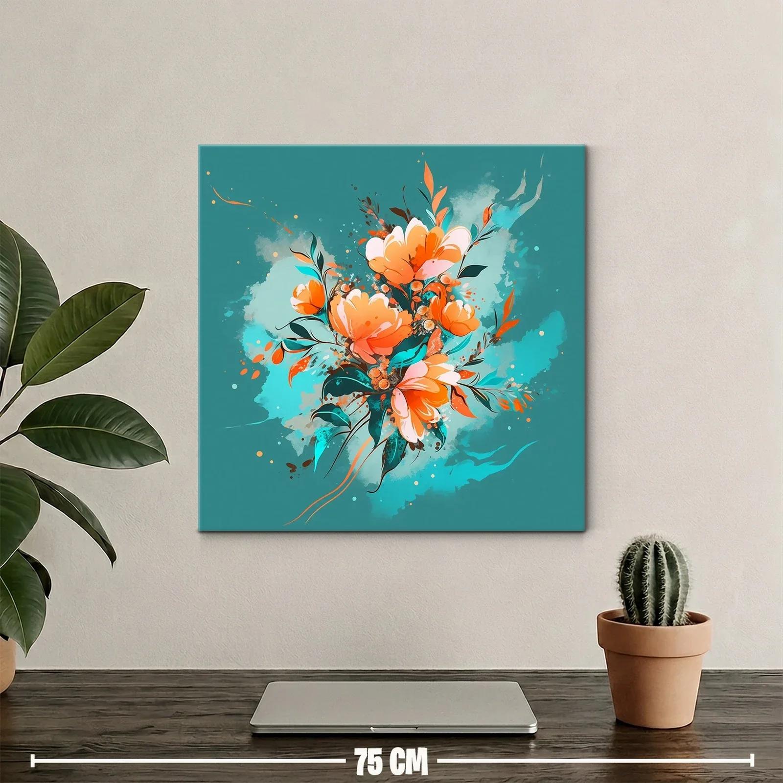 Cuadro Floral con tonos cálidos y fondo turquesa vibrante — miniatura 2