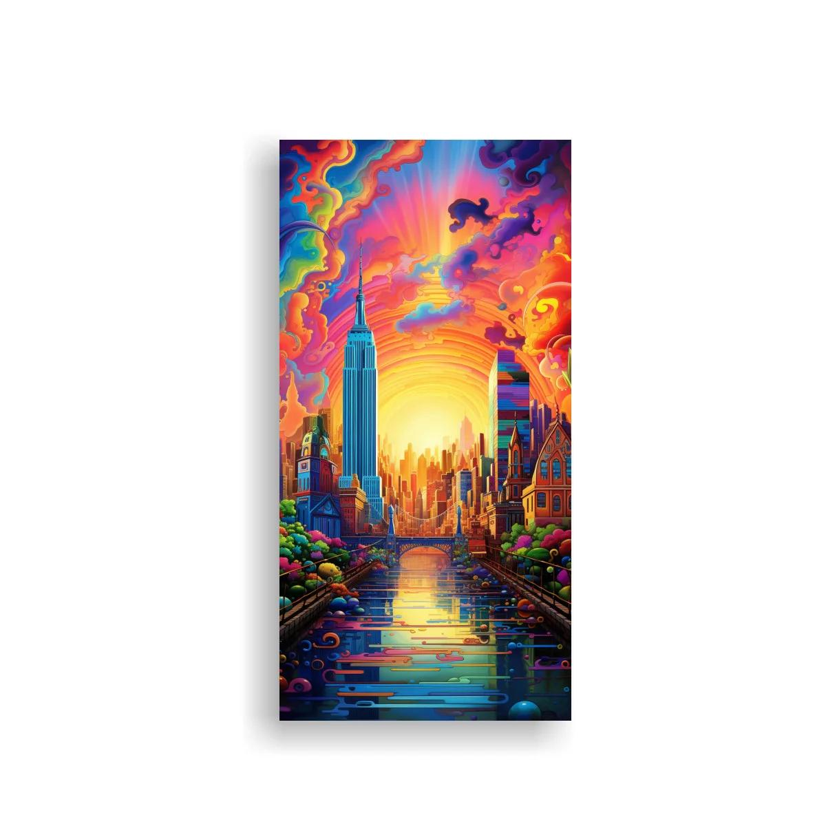 Cuadro skyline urbano al atardecer con canal brillante