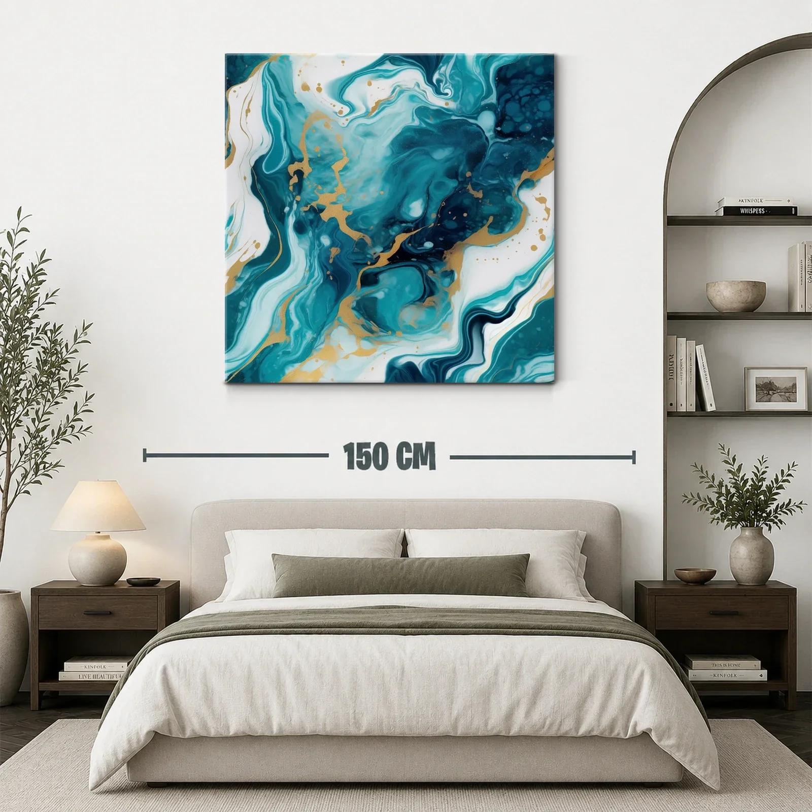 Cuadro abstracto con tonos turquesa y dorados vibrantes — miniatura 3