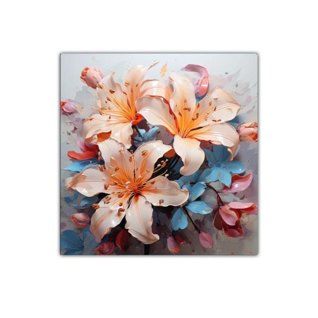 Cuadro floral elegante con lirios en tonos suaves y vibrantes