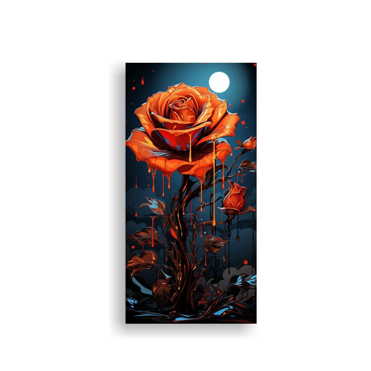 Cuadro rosa roja con luna brillante y goteos surrealistas — imagen principal