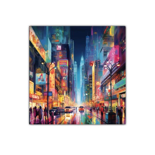 Ciudad luminosa vibrante al anochecer con rascacielos y tráfico