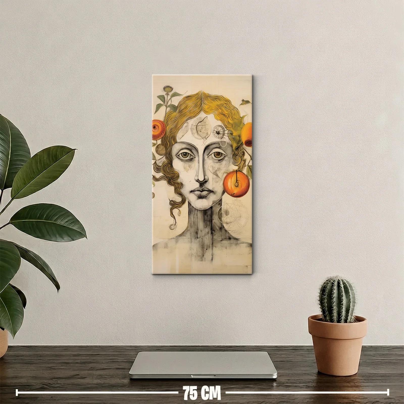 Cuadro rostro femenino surrealista con insectos alados y naranjas — miniatura 2