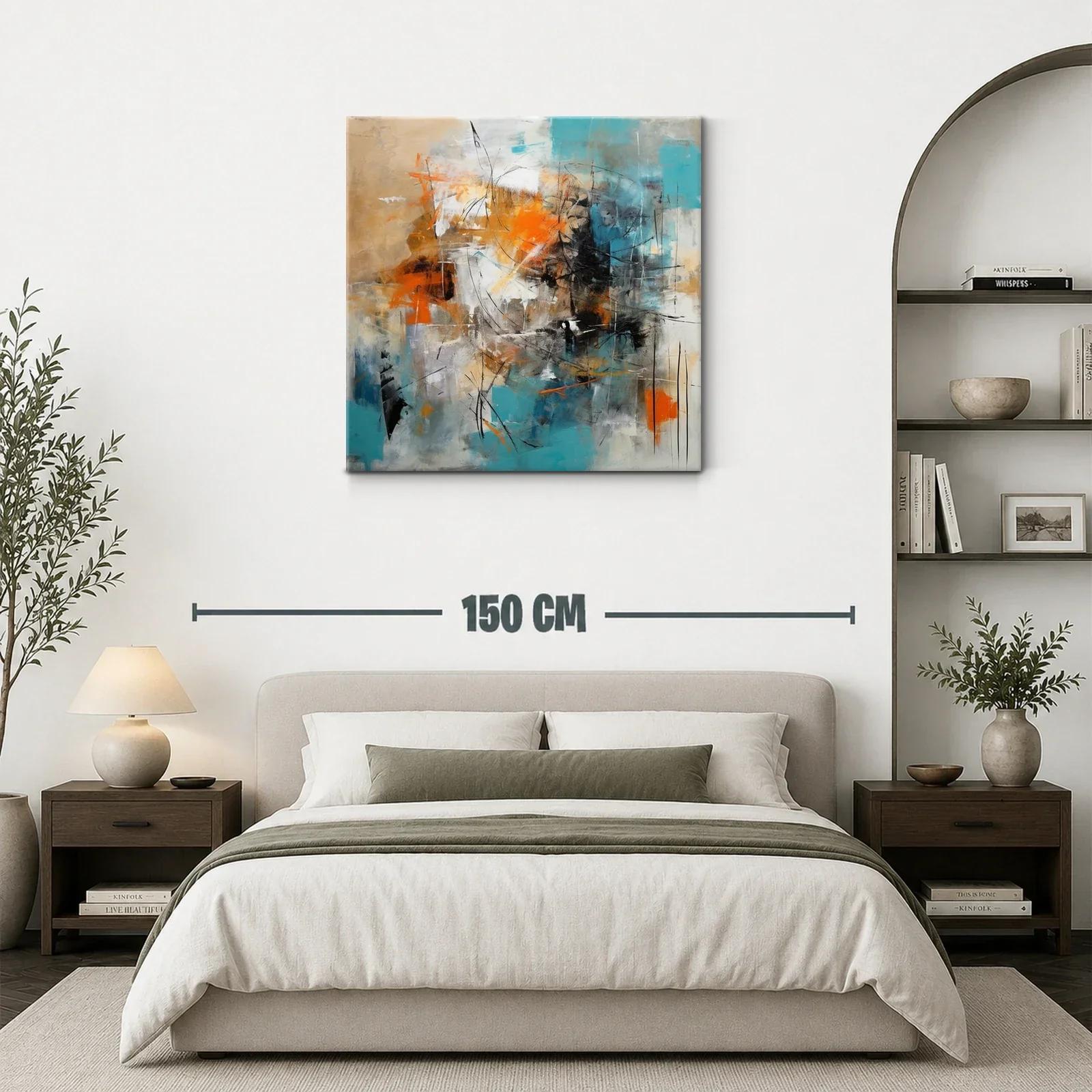 Cuadro abstracto con toques en turquesa y naranja vibrante — miniatura 3