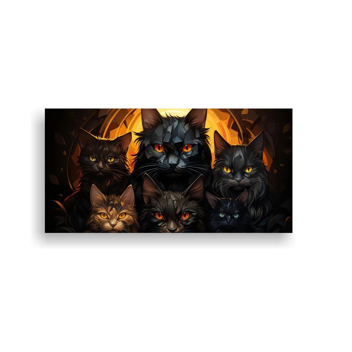 Cuadro grupo de gatos negros con halo cálido