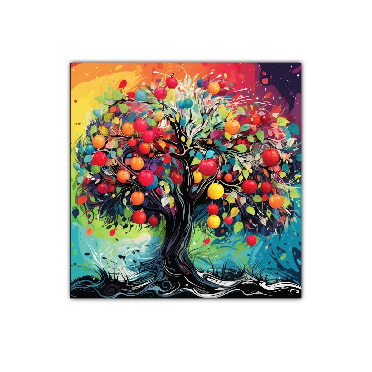 Árbol colorido con frutos vibrantes y fondo multicolor — imagen principal