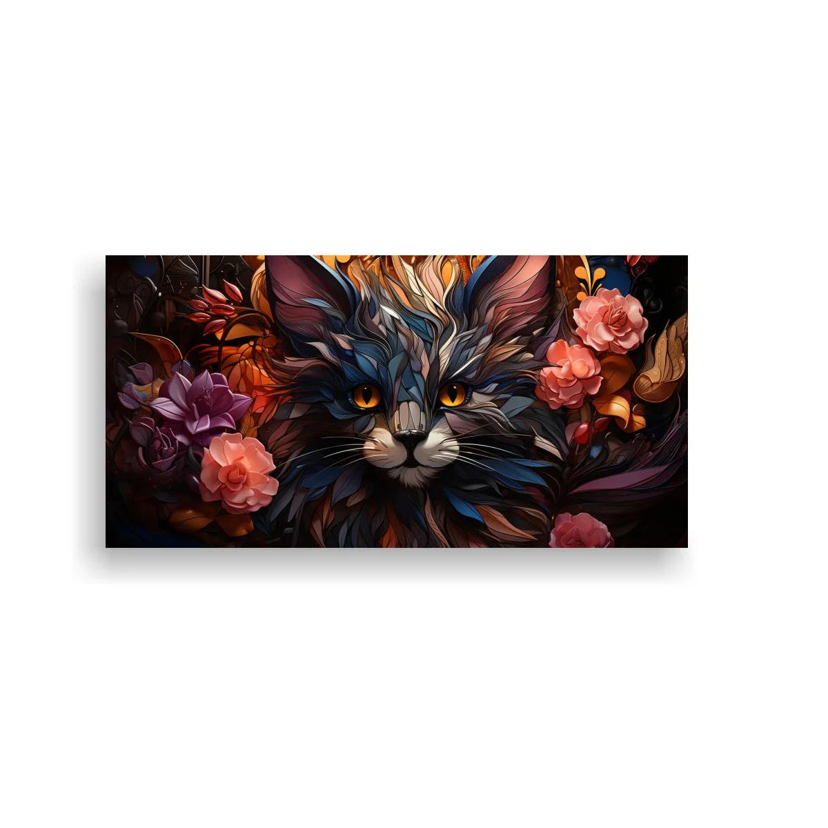 Cuadro gato de ojos ámbar con flores y fondo oscuro