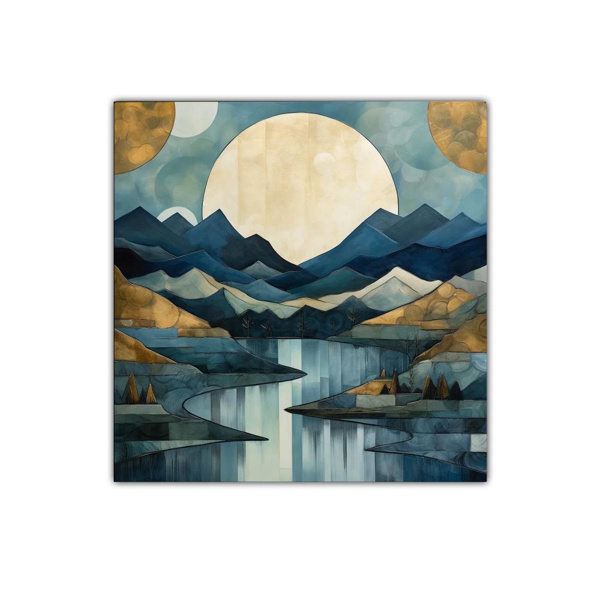Paisaje montañoso con luna llena en tonos azul y dorado — imagen principal