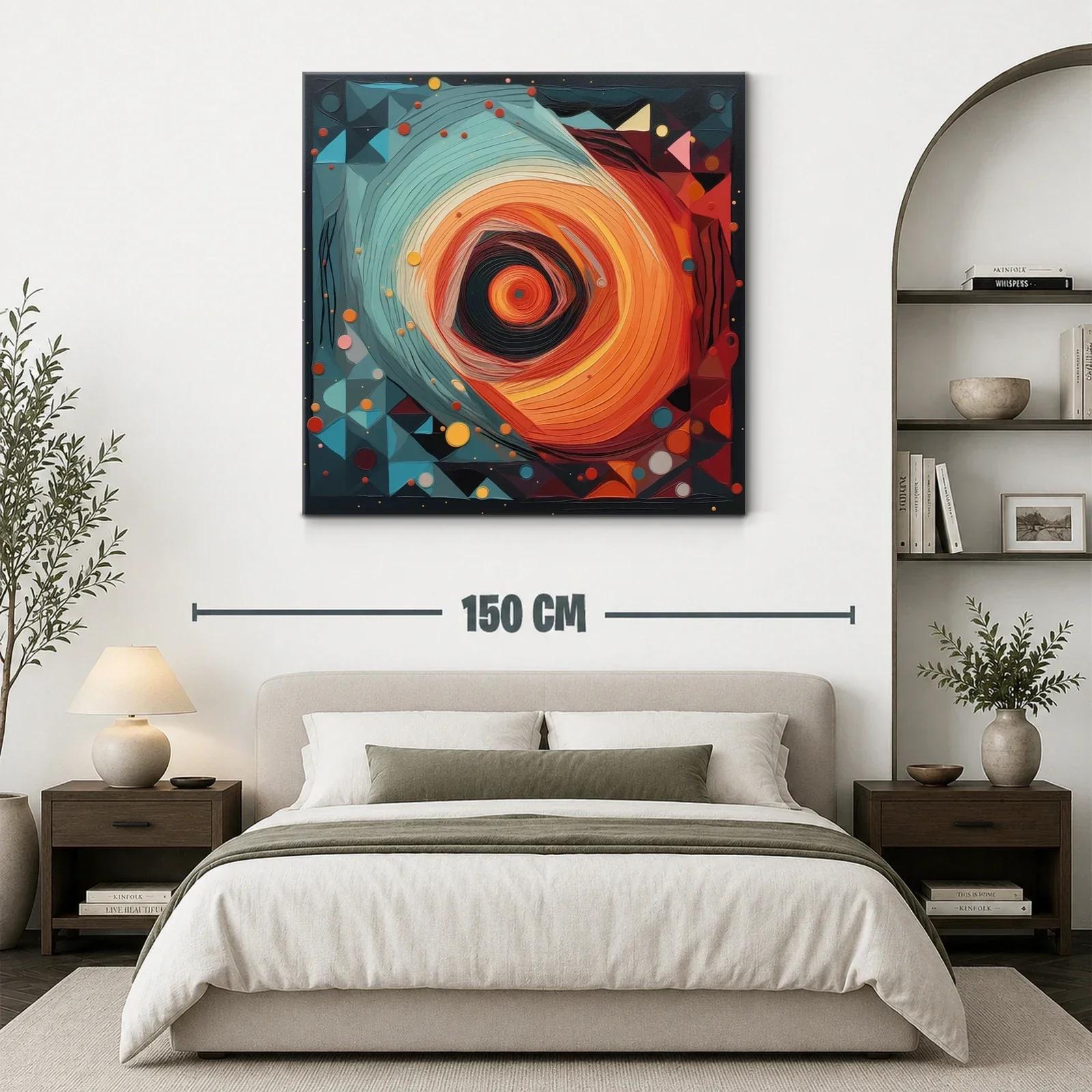 Cuadro abstracto con movimiento circular en tonos cálidos y fríos — miniatura 3