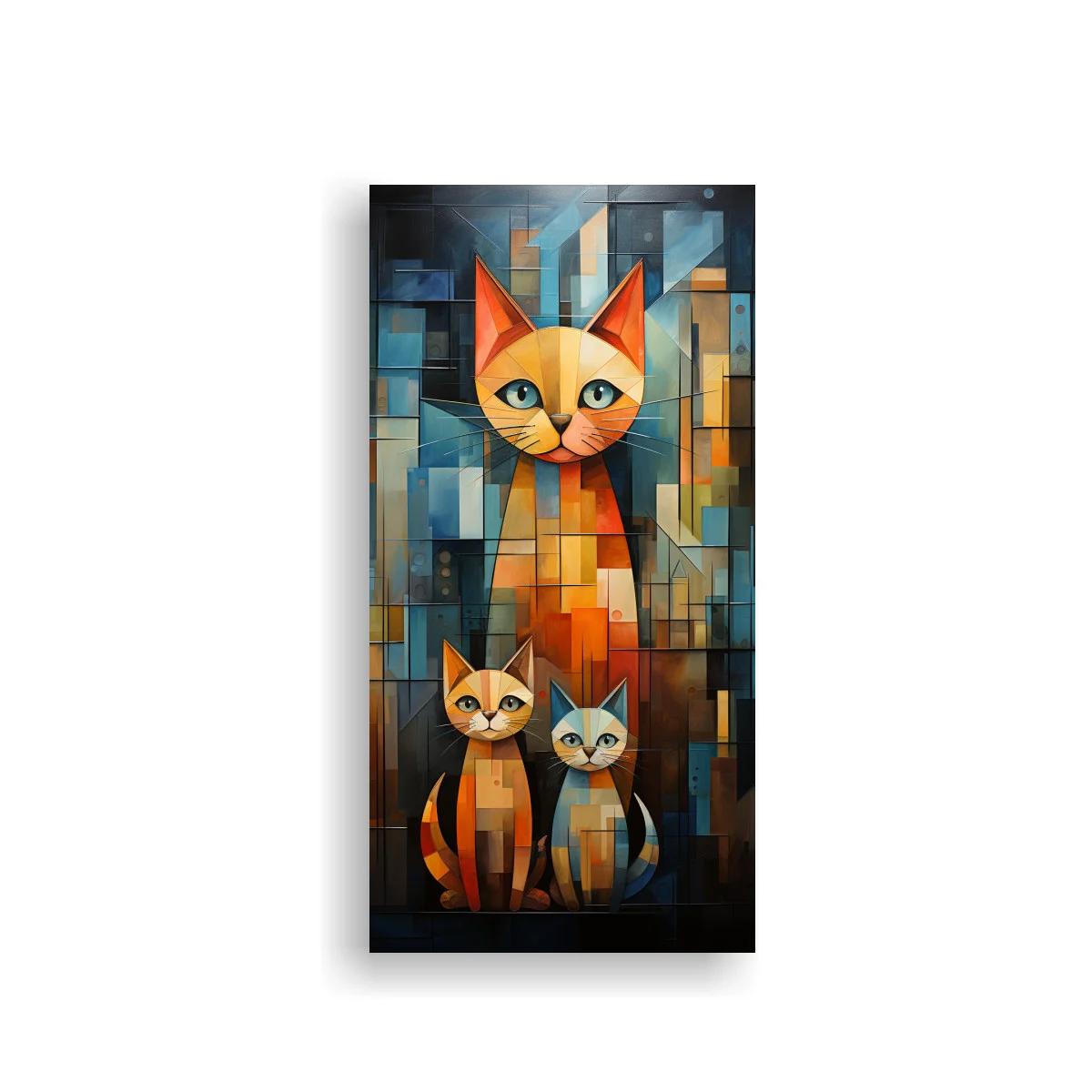 Cuadro gato naranja geométrico con dos gatos pequeños