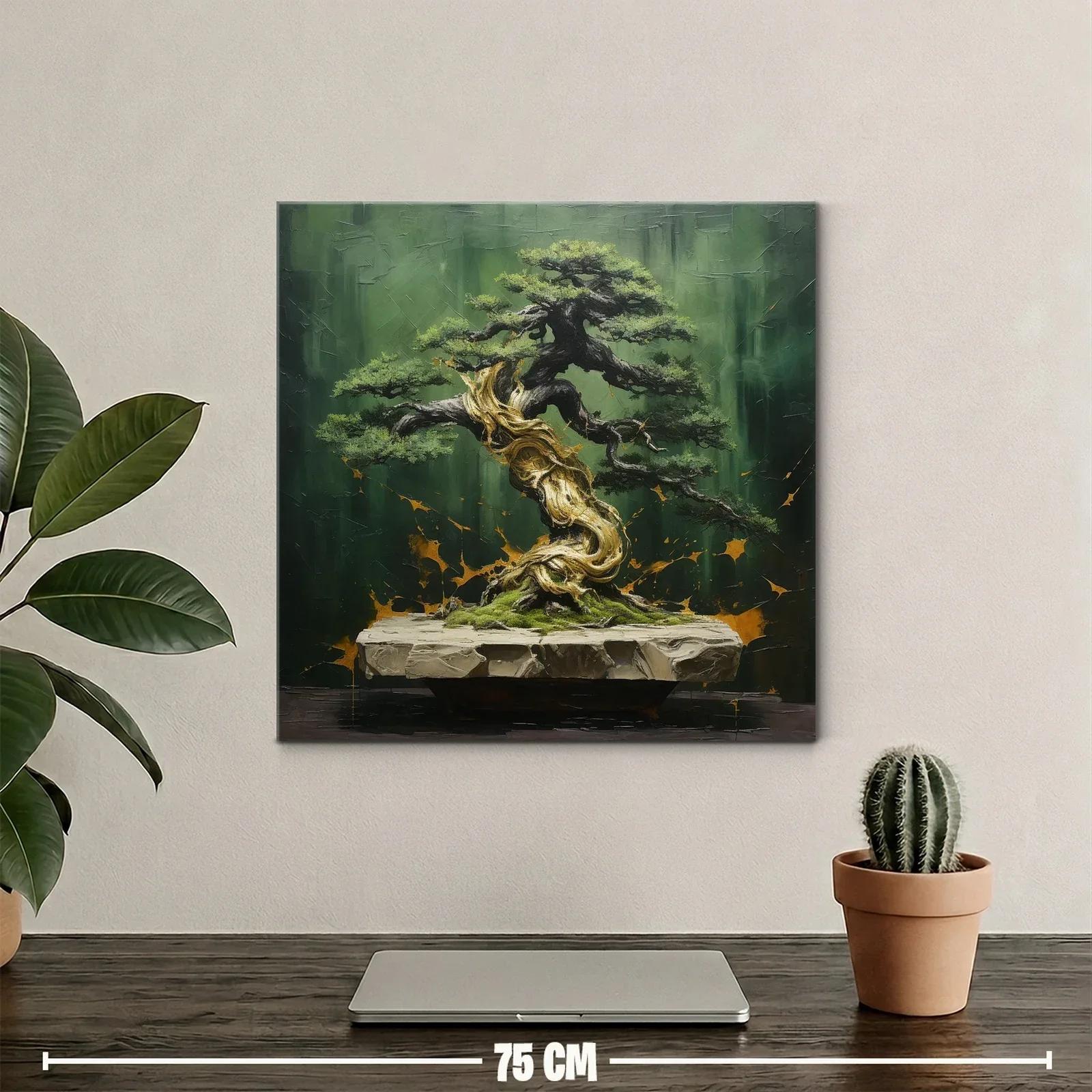 Cuadro árbol bonsái con tonos verdes y dorados — miniatura 2