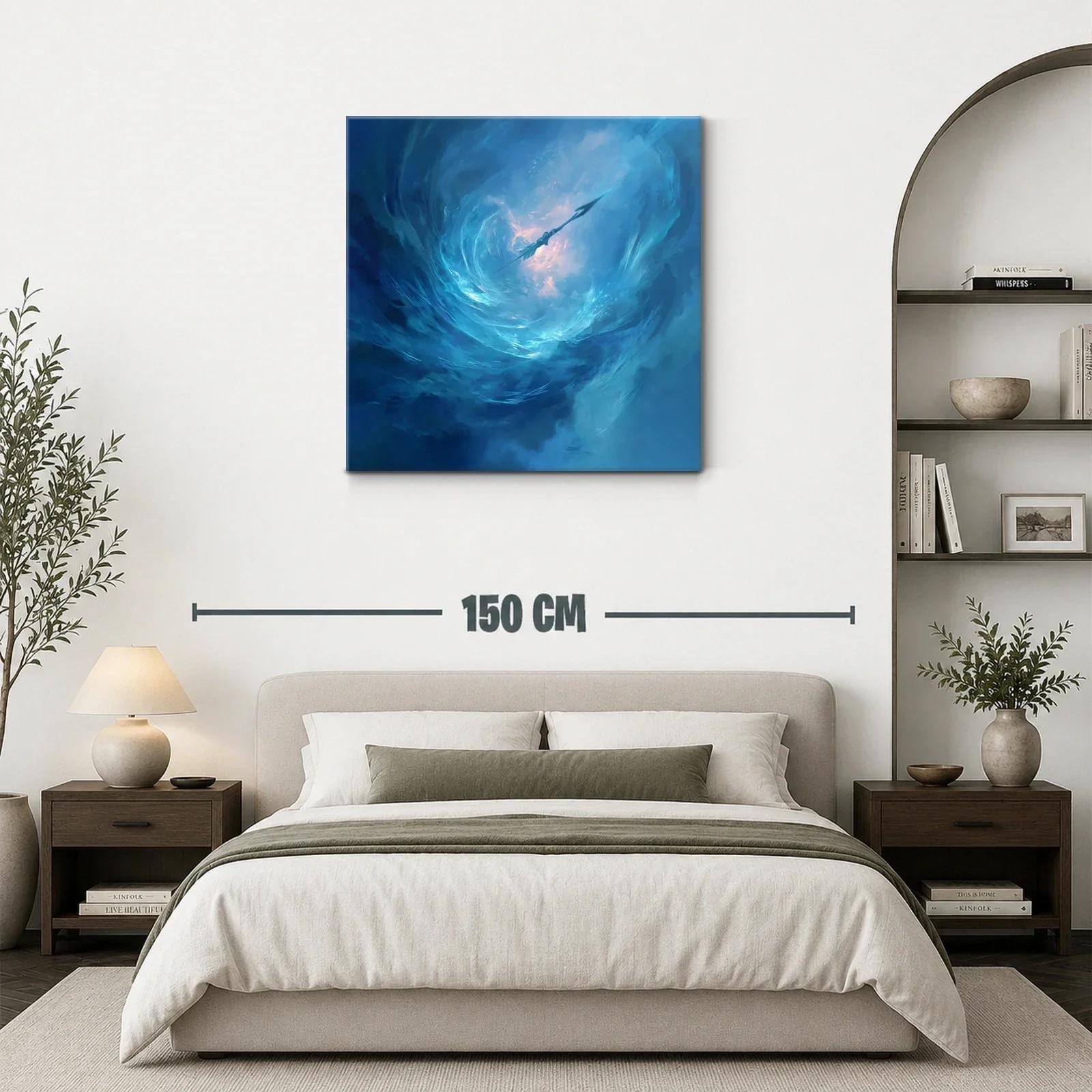 Cuadro abstracto con remolino y lanza en tonos azules — miniatura 3