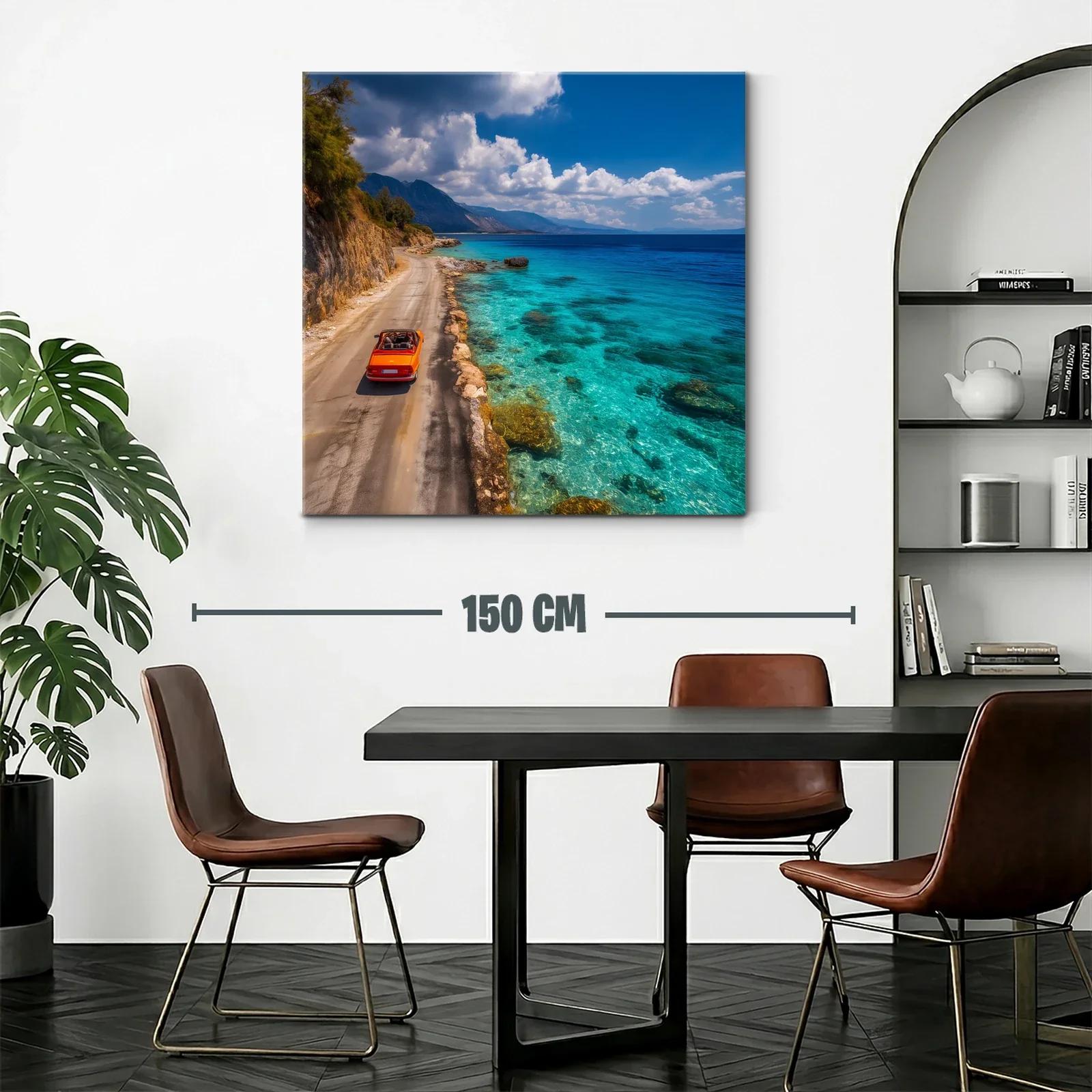Paisaje costero con coche rojo y mar turquesa brillante — miniatura 2