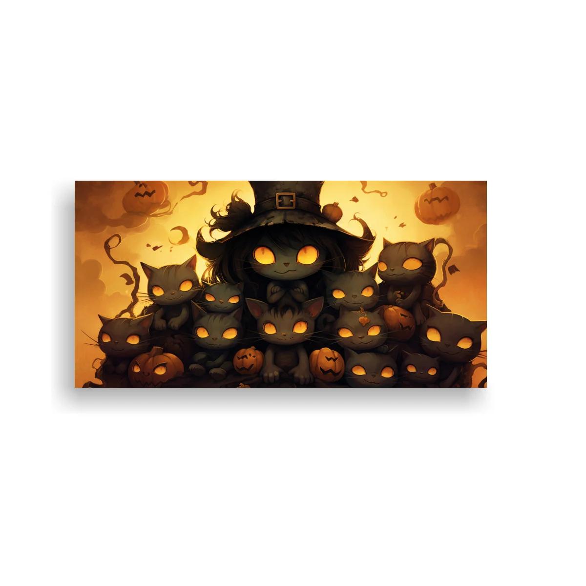 Cuadro grupo de gatos negros de Halloween con calabazas