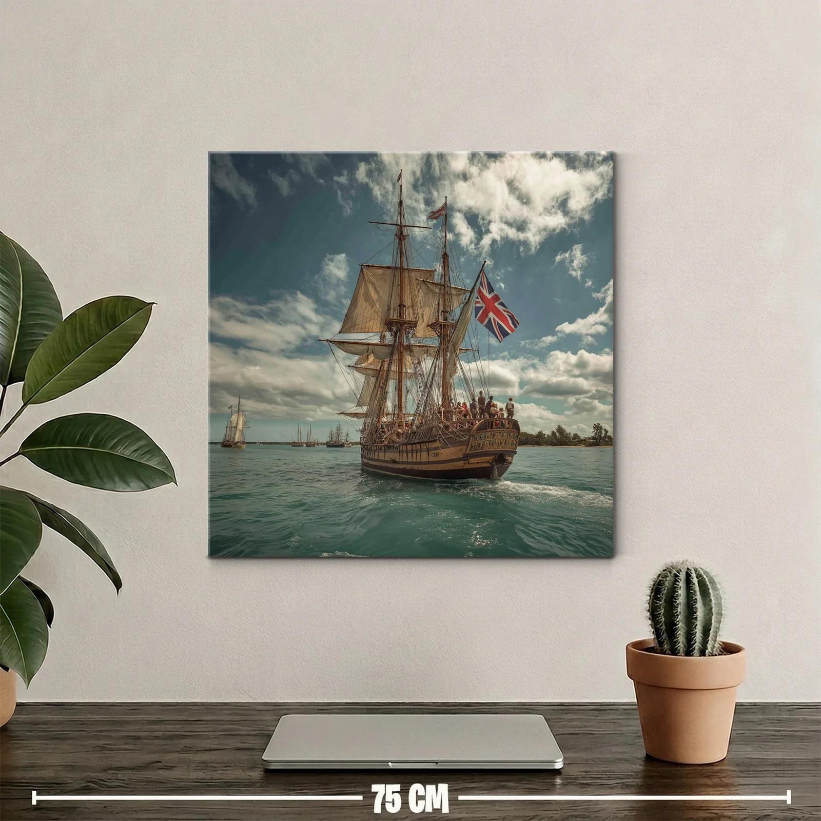 Barco antiguo con velas y bandera británica en el mar — miniatura 2