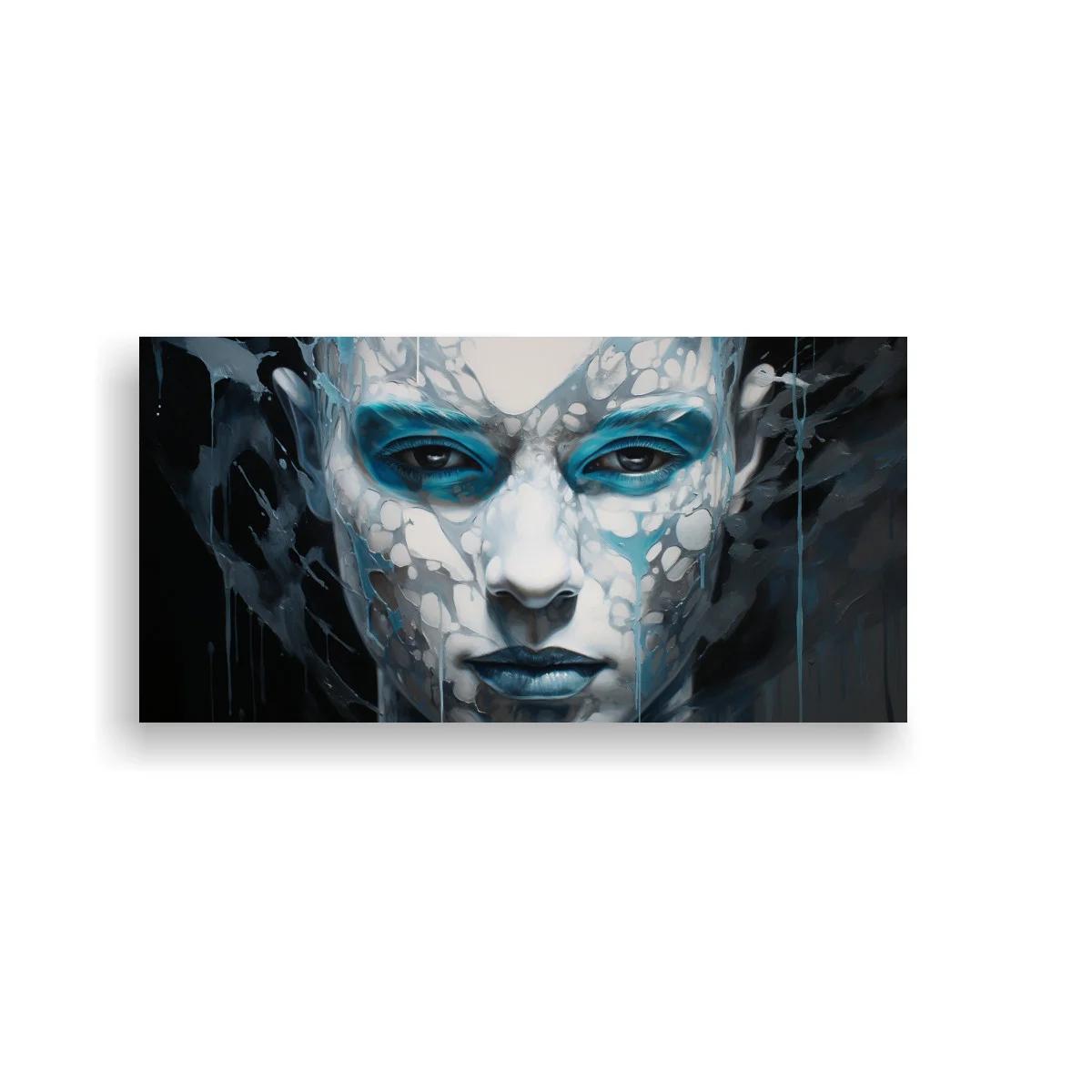 Cuadro rostro femenino con pintura azul y contraste oscuro