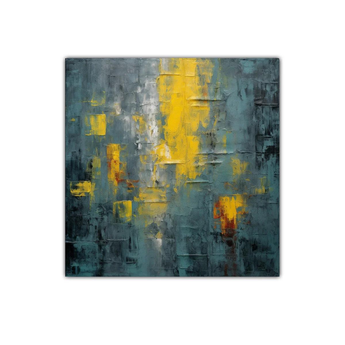 Cuadro abstracto con tonos amarillos y gris azul oscuro