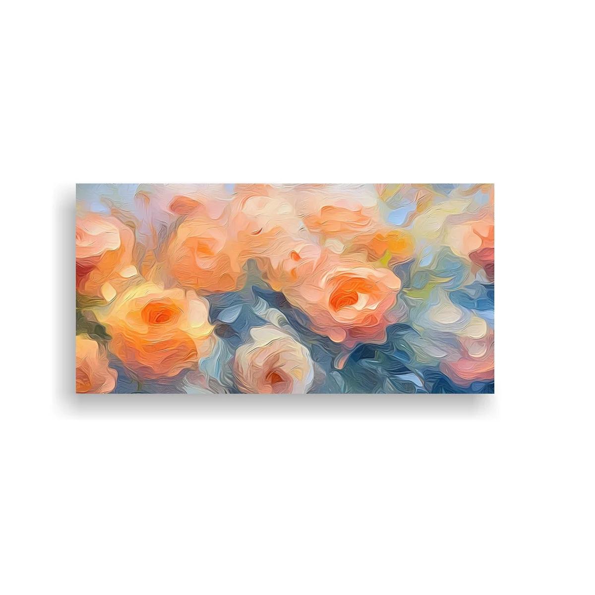 Cuadro rosas coral con follaje azulado