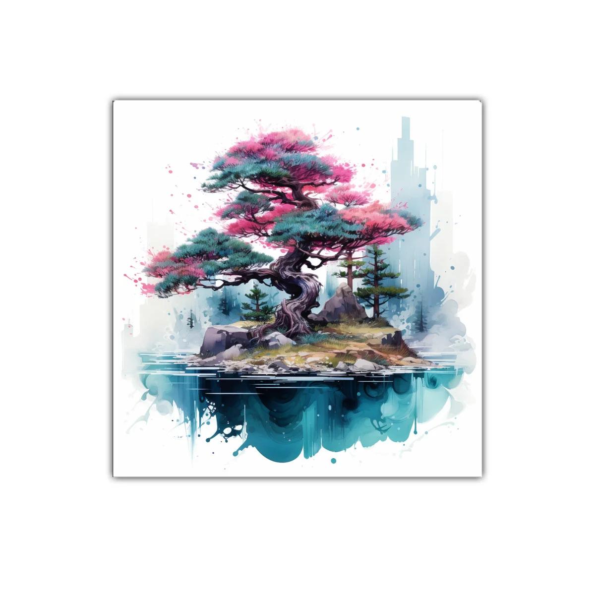 Árbol bonsái en isla flotante con tonos rosas y azules — imagen principal