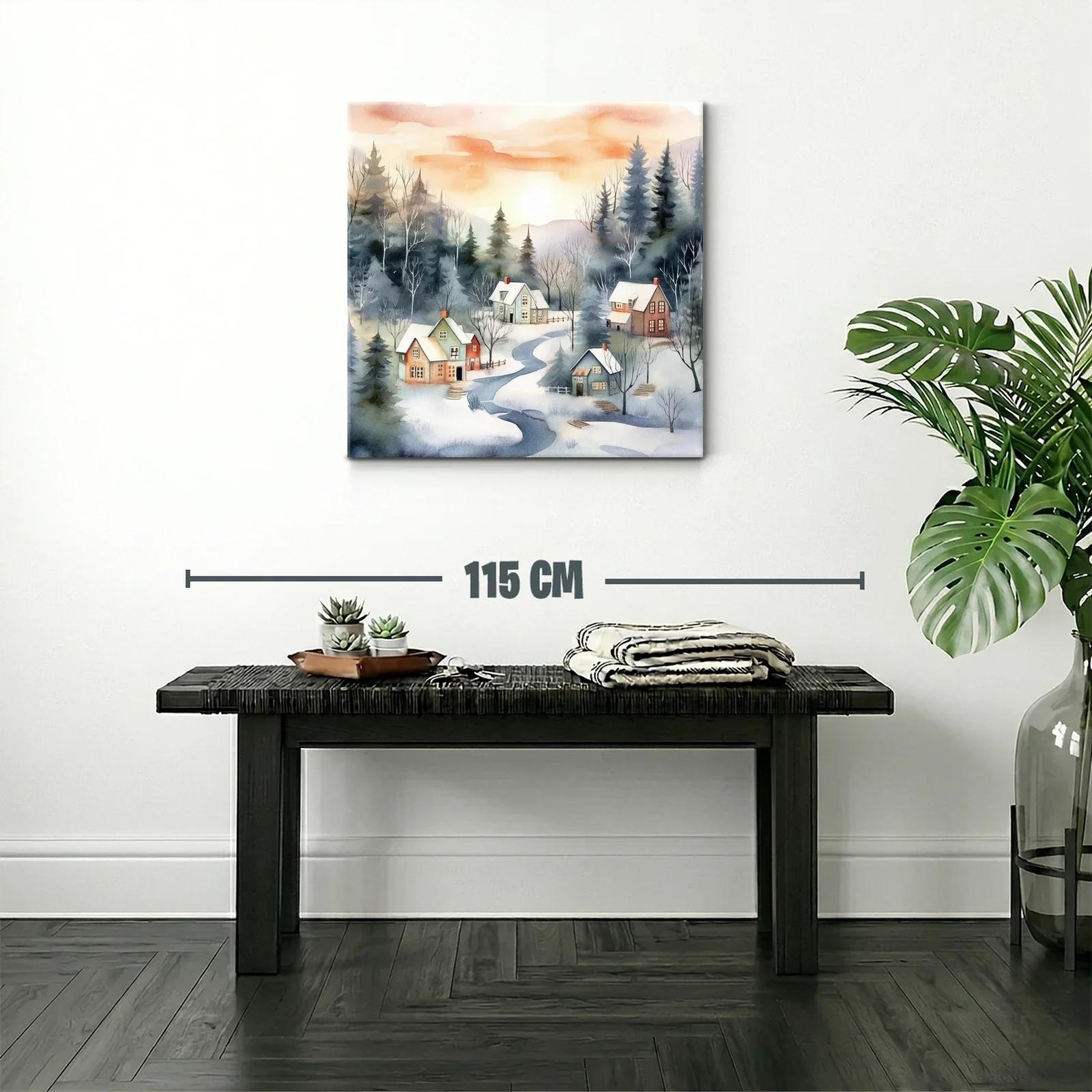 Paisaje invernal con riachuelos y cabañas al amanecer — miniatura 2