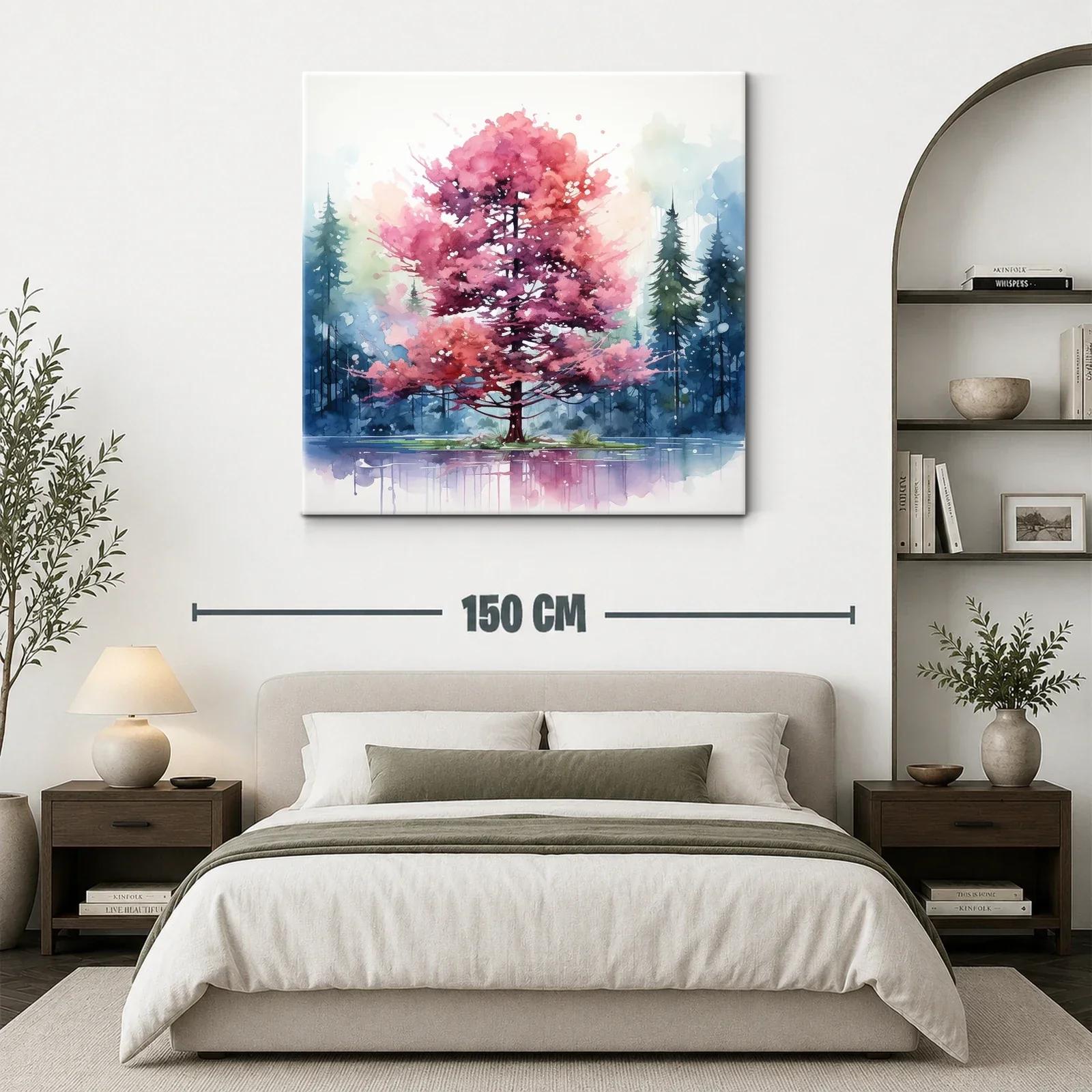 Árbol rosa en lago con fondo de pinos azules y verdes — miniatura 3