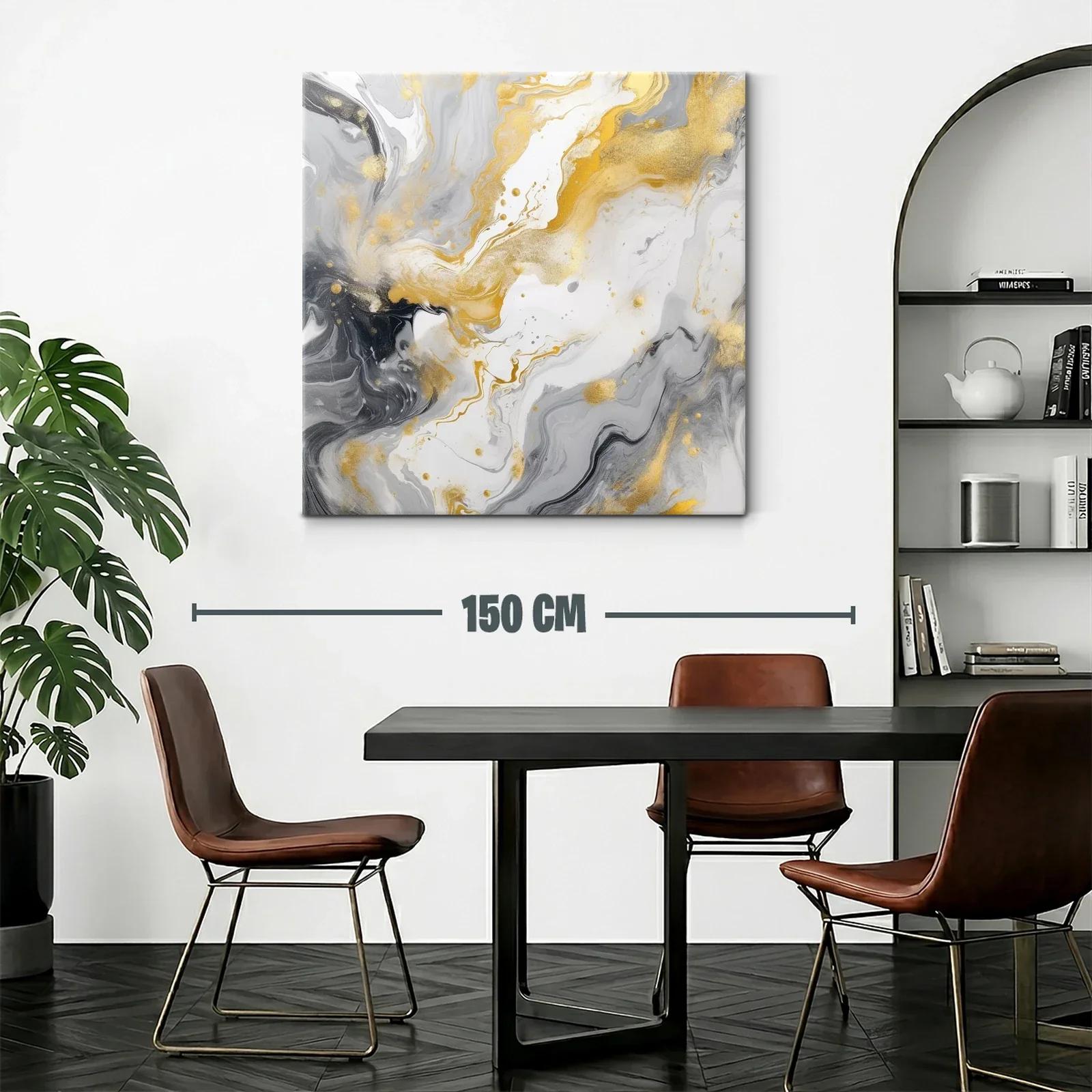 Cuadro abstracto con tonos dorados y grises fluidos en movimiento — miniatura 2