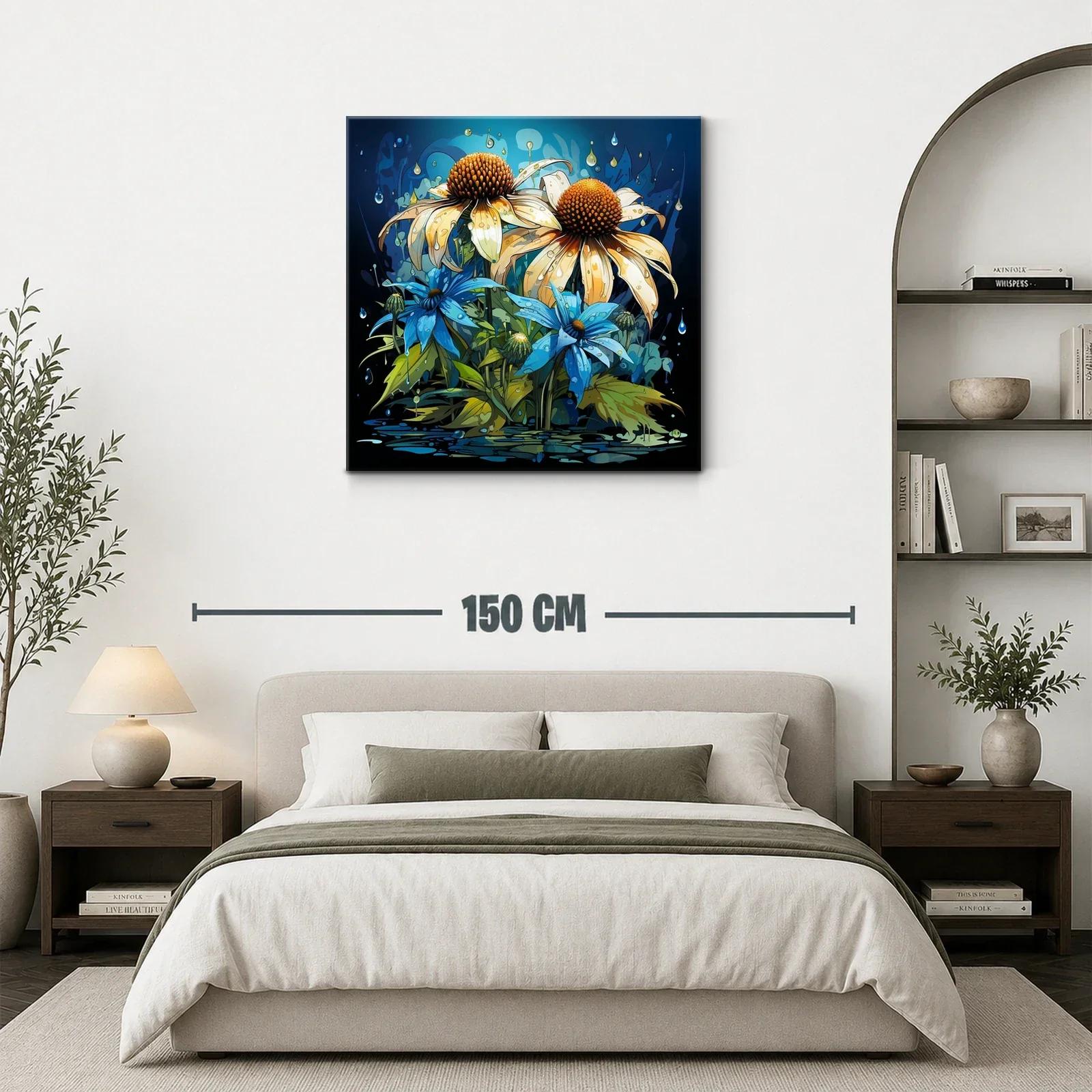 Flores vibrantes con gotas sobre fondo azul oscuro — miniatura 3