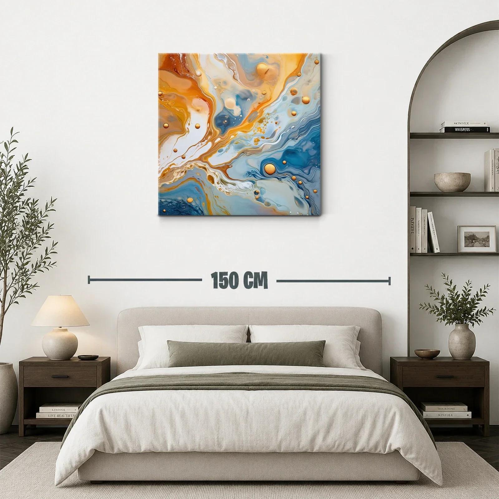 Cuadro abstracto con tonos dorados y azulados vibrantes — miniatura 3