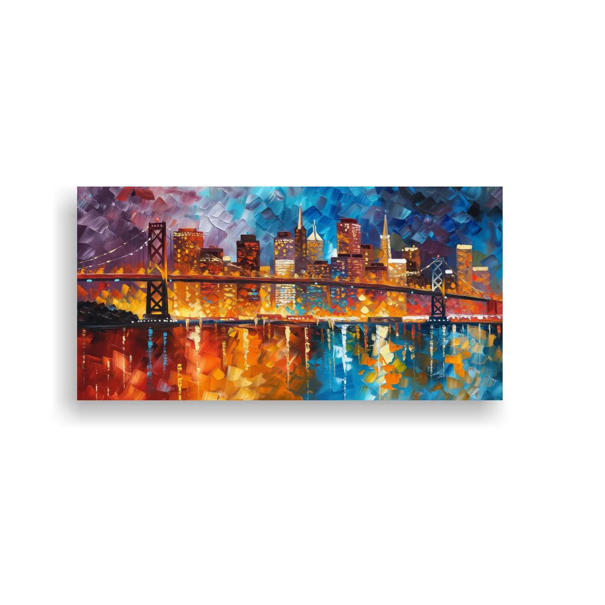 Cuadro skyline urbano con puente colgante y reflejos amplios — imagen principal