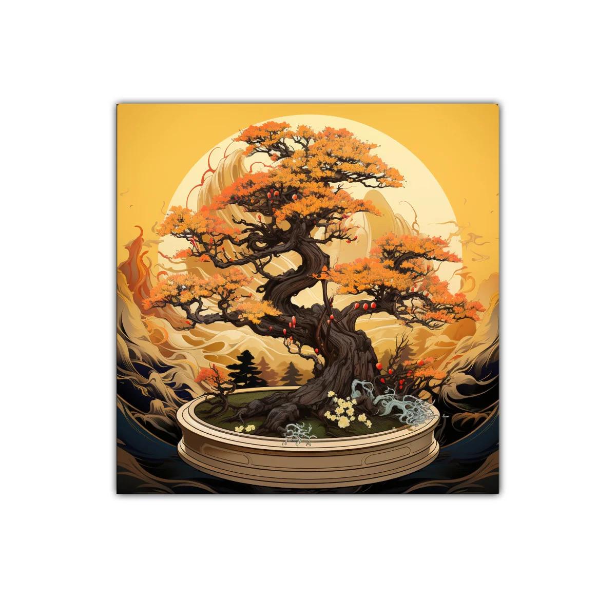 Cuadro decorativo árbol bonsái con tonos cálidos dorados — imagen principal