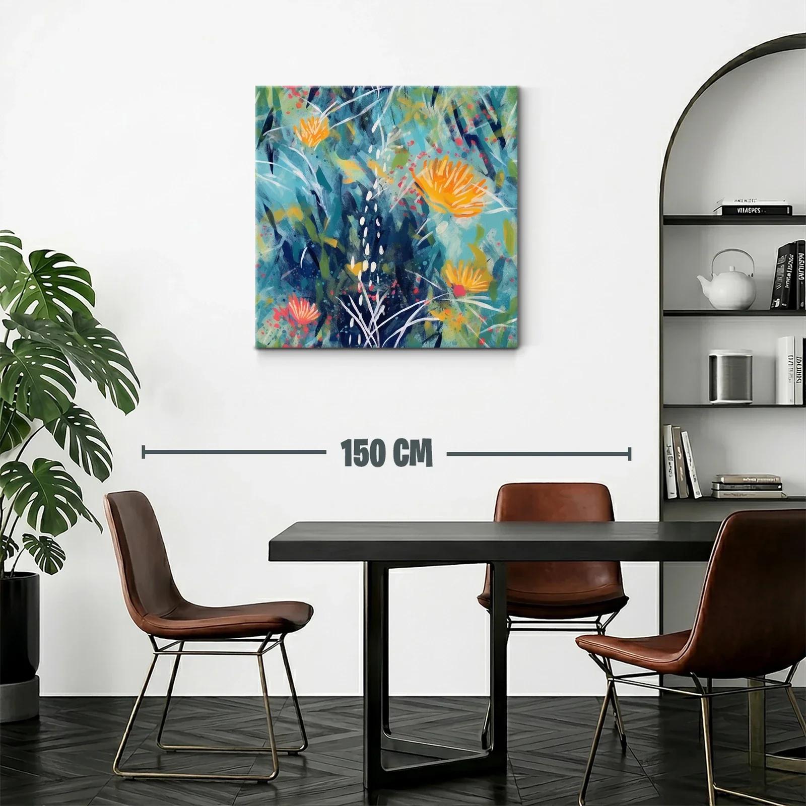 Cuadro abstracto floral en tonos azules y naranjas vivos — miniatura 2