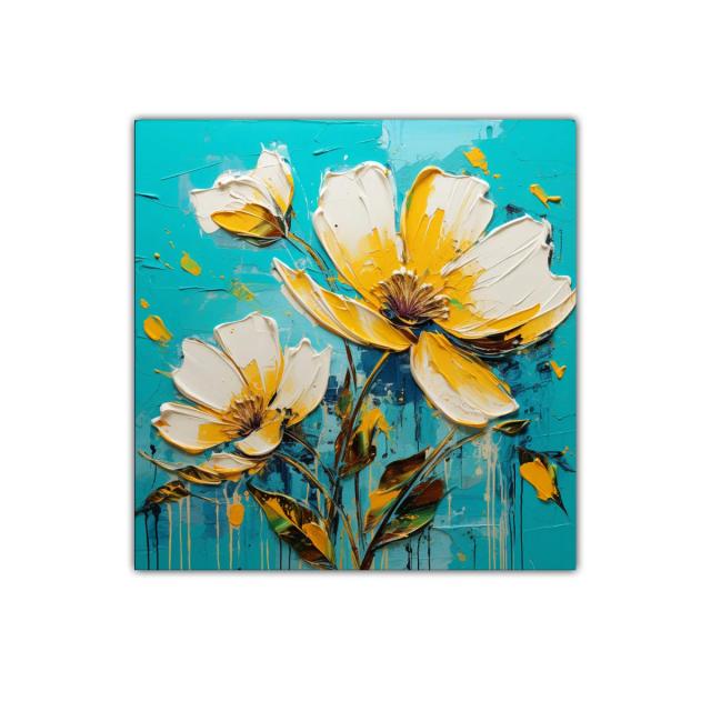 Cuadro floral vibrante con flores blancas y amarillas brillantes