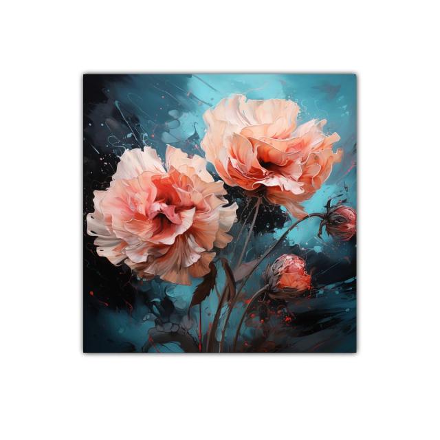 Flor delicada con tonos melocotón sobre fondo azul intenso