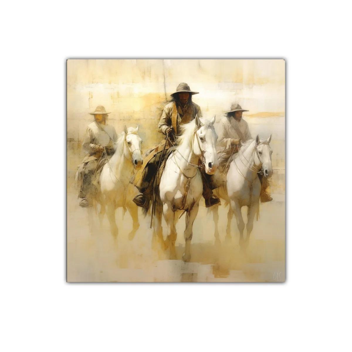 Cuadro decorativo con jinetes y caballos en tonos cálidos — imagen principal