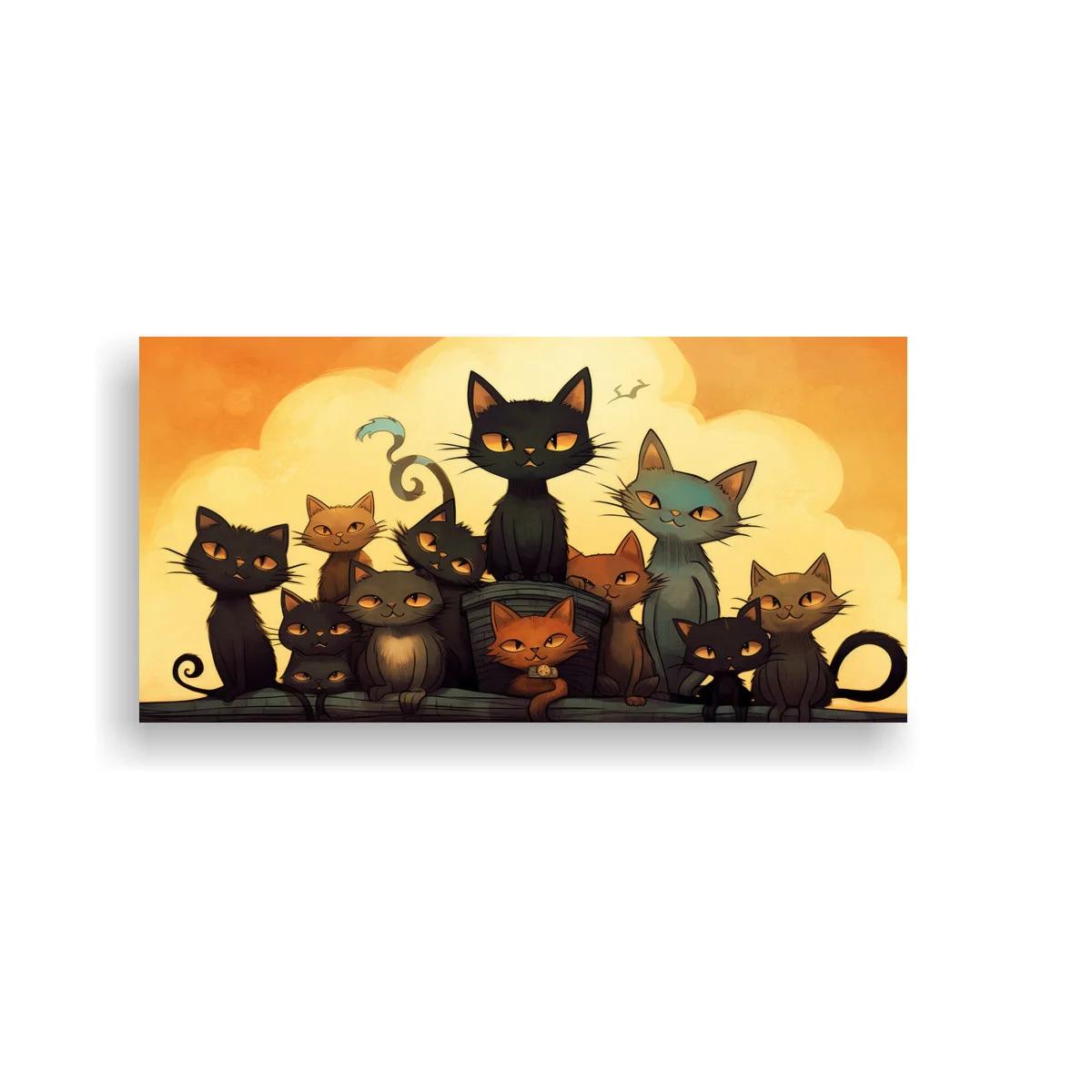 Cuadro grupo de gatos frente a la luna grande