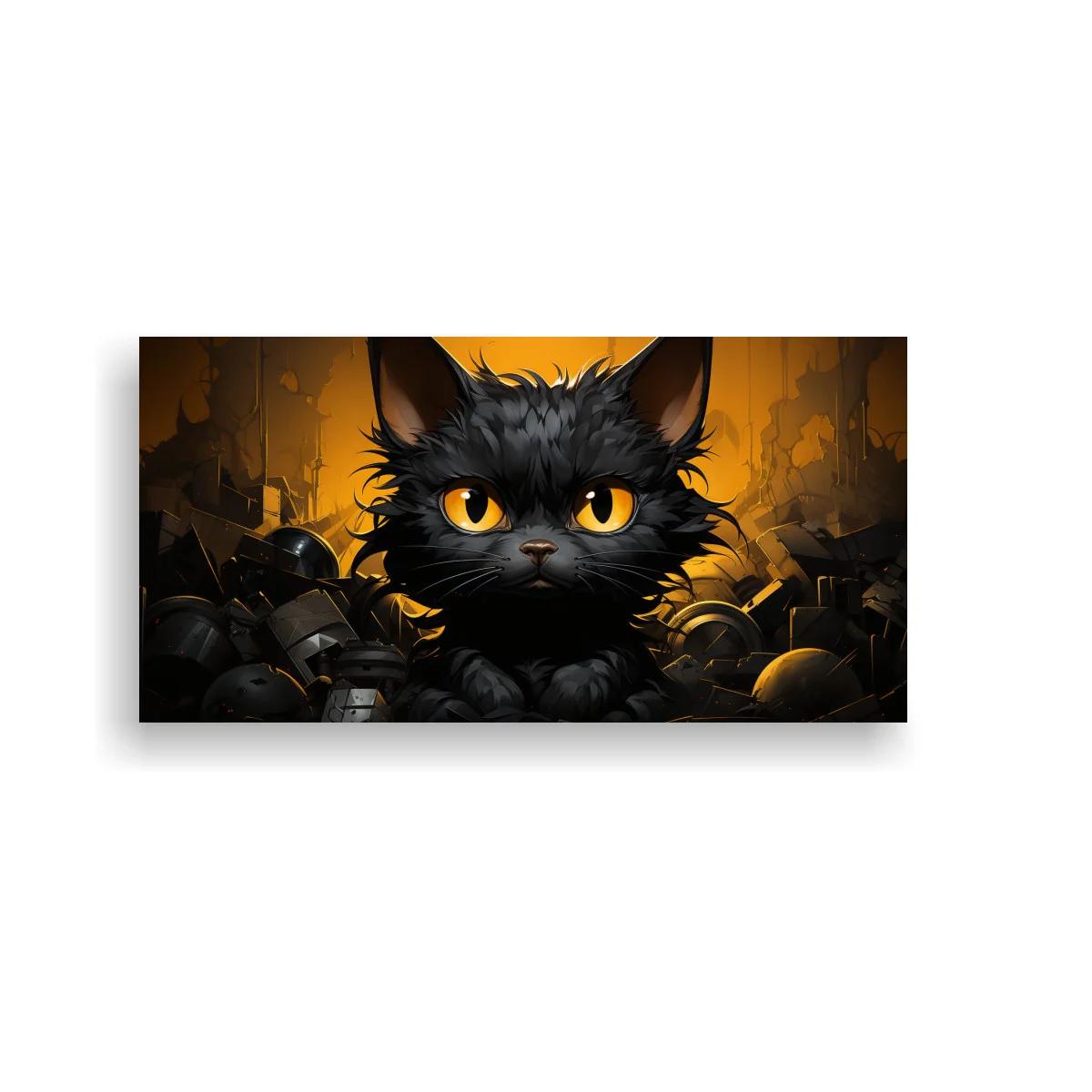 Cuadro gato negro peludo entre chatarra y metal