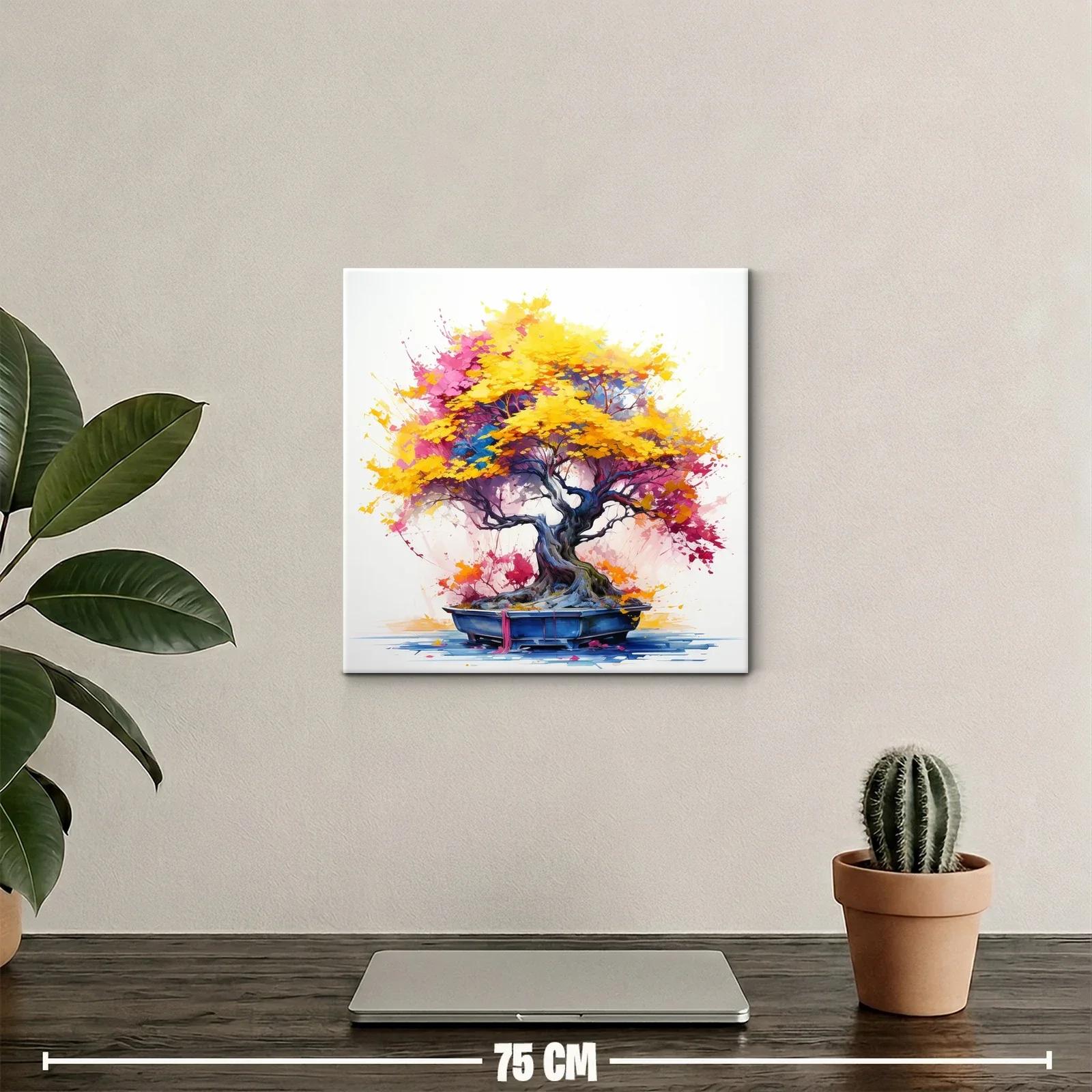 Árbol de bonsái con vibrantes hojas otoñales en amarillo y rosa — miniatura 2