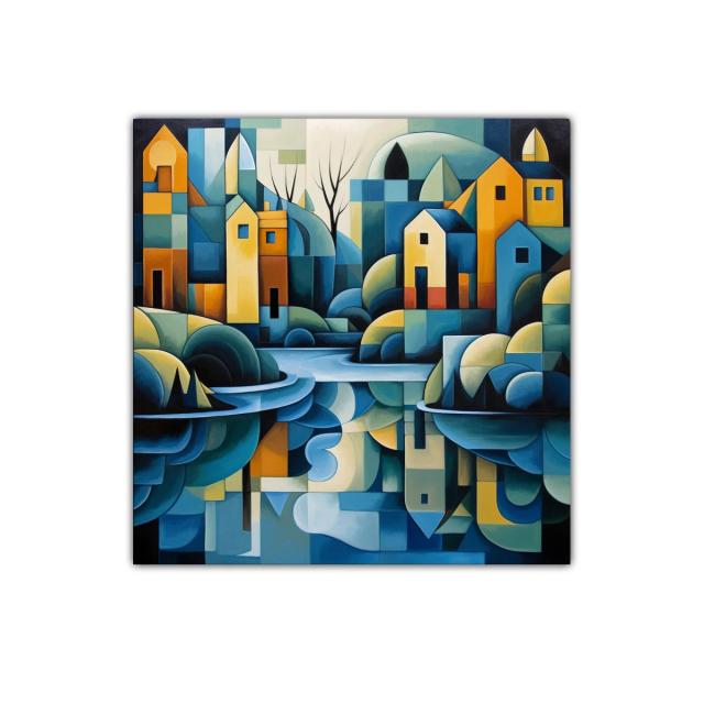 Paisaje urbano abstracto con reflejos en tonos azules y ocres