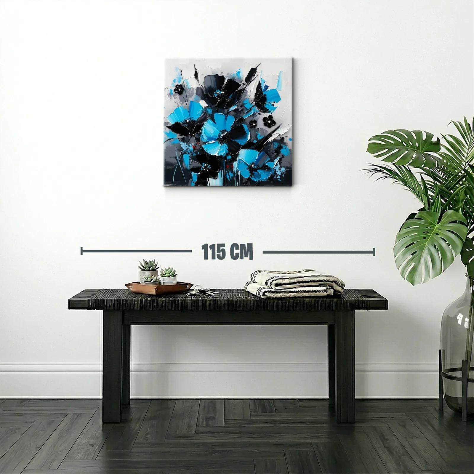 Cuadro floral moderno en tonos azul y negro vibrante — miniatura 2