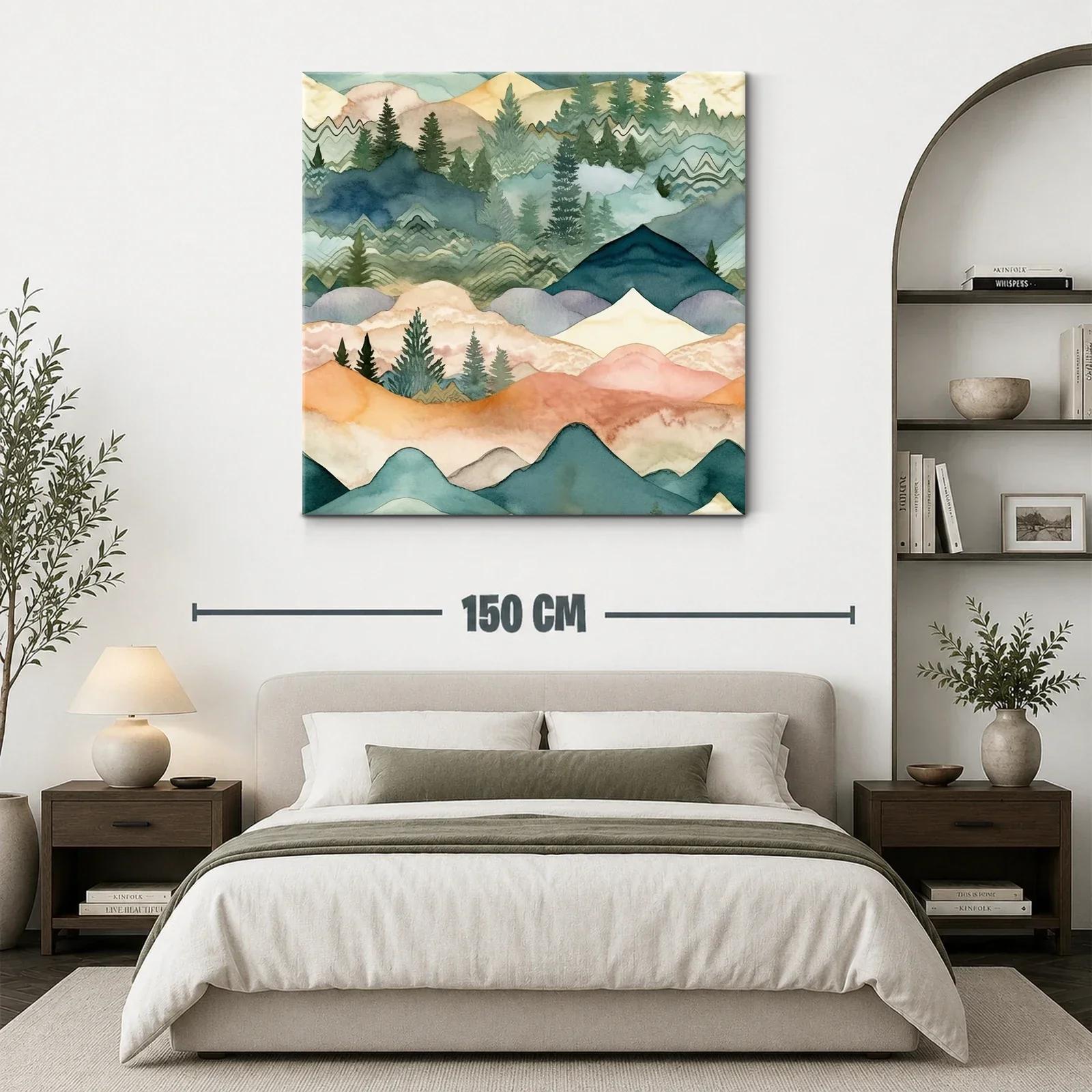 Paisaje abstracto de montañas y pinos en tonos suaves — miniatura 3