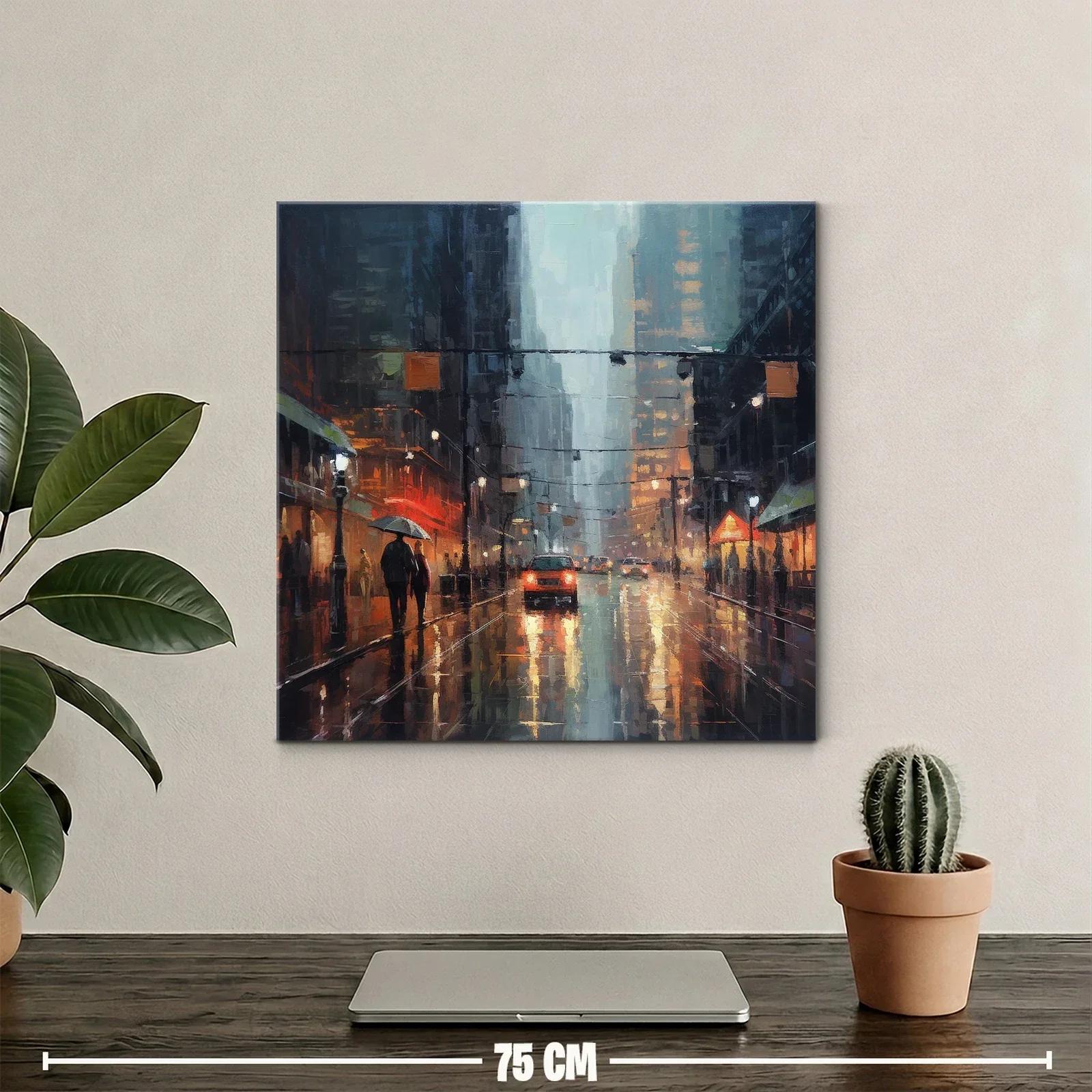 Paisaje urbano lluvioso con reflejos y luz cálida — miniatura 2