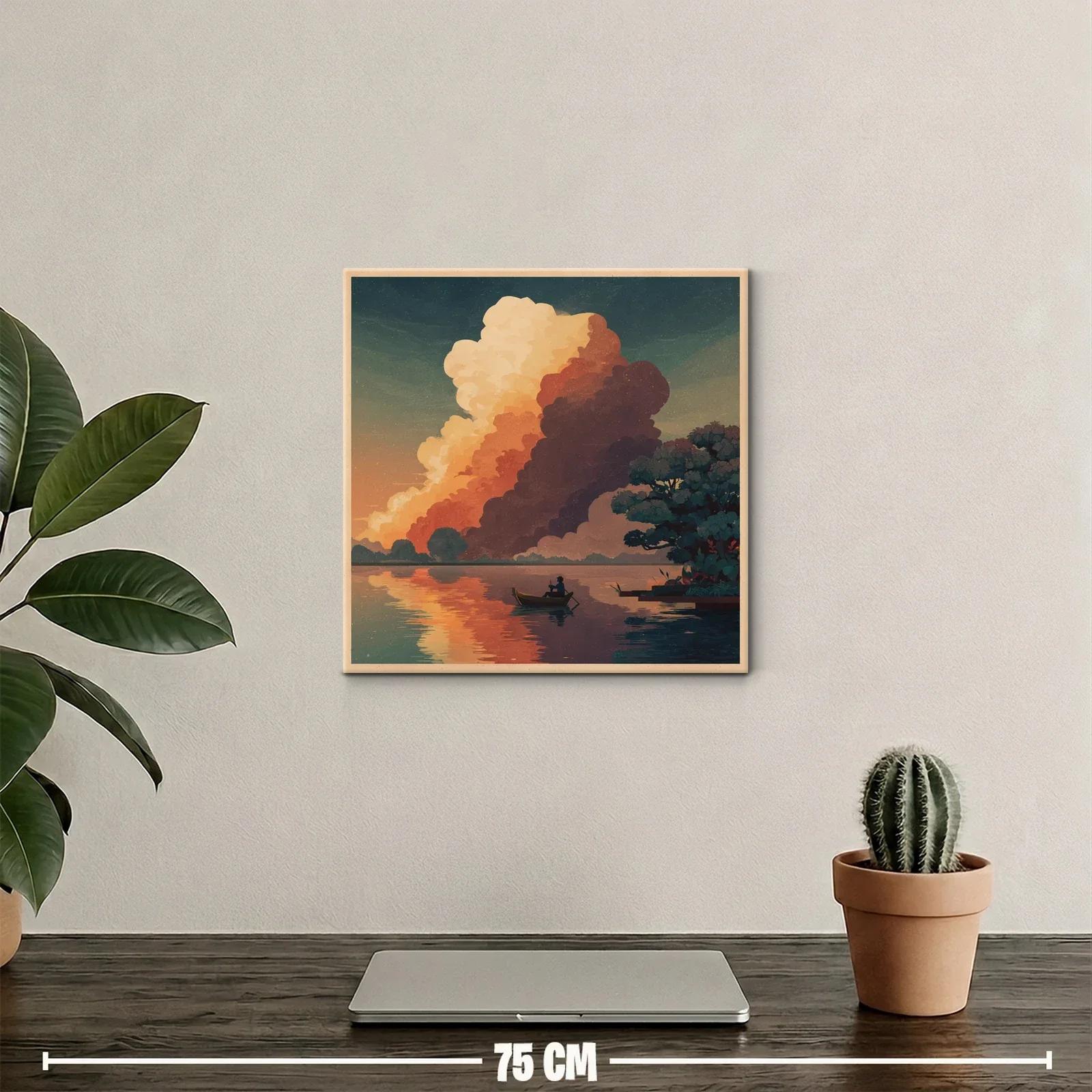 Paisaje sereno de un pescador en laguna al atardecer — miniatura 2
