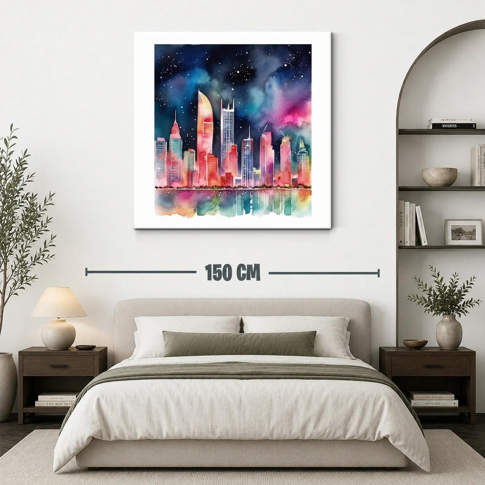 Cielo nocturno vibrante sobre ciudad iluminada con reflejos — miniatura 3