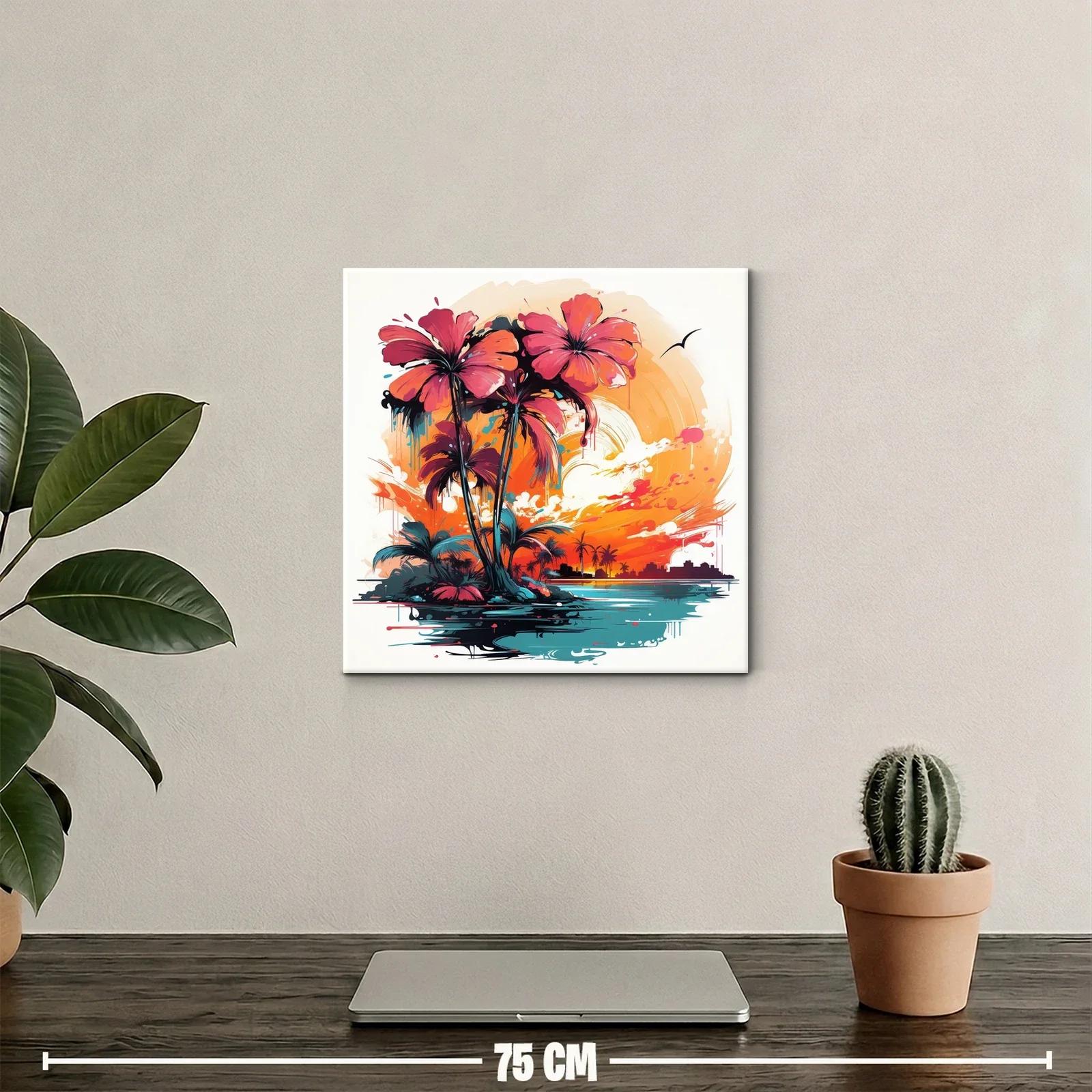 Atardecer tropical con palmeras vibrantes y horizonte urbano — miniatura 2