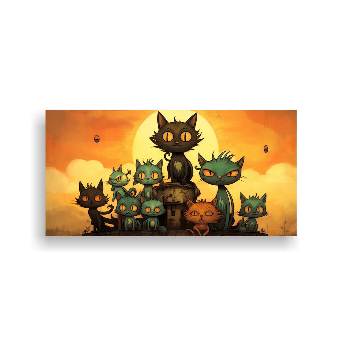 Cuadro grupo de gatos negros y verdes con luna amarilla