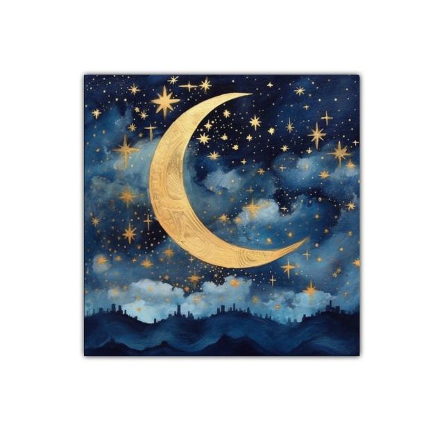 Cuadro con luna dorada y cielo estrellado azul