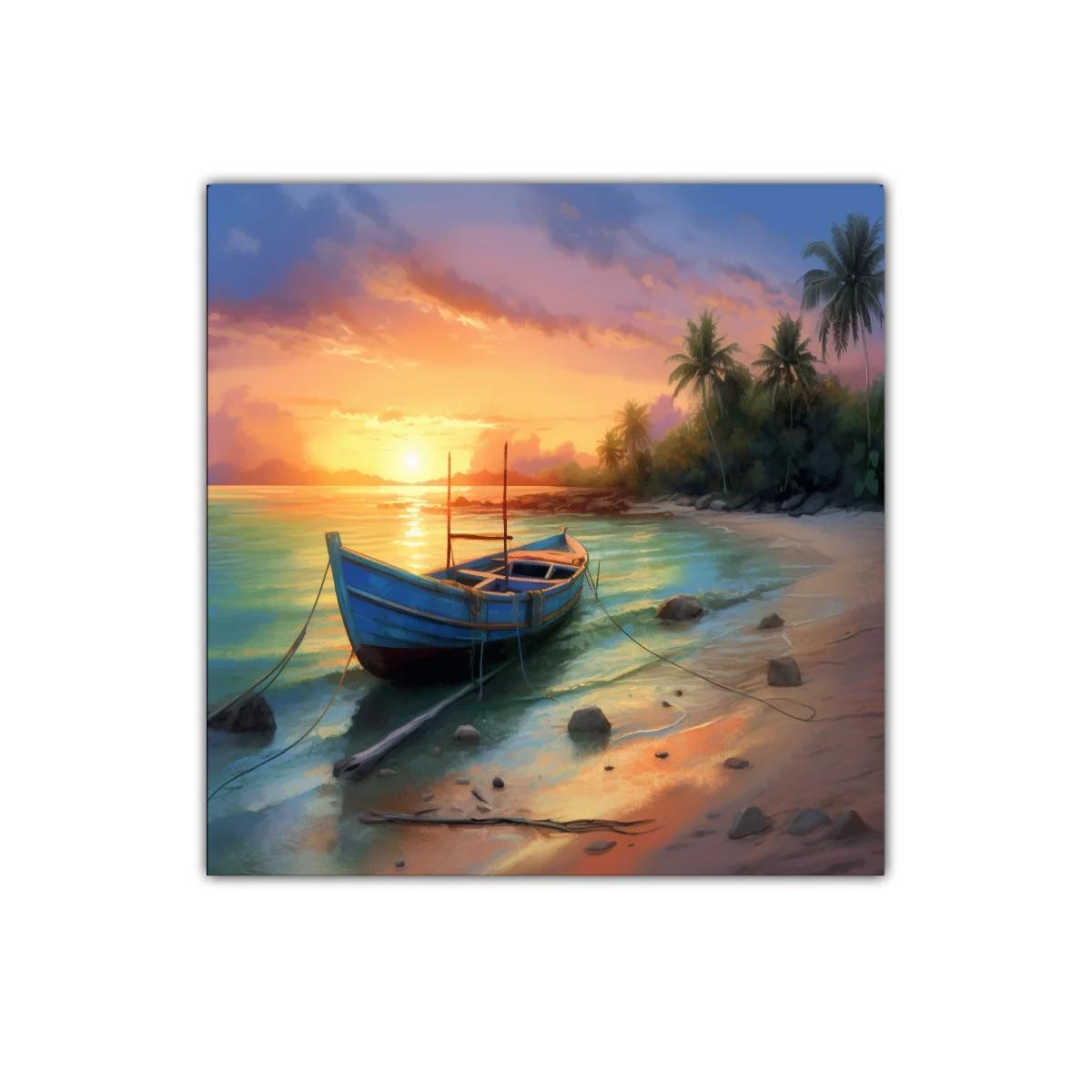 Atardecer tranquilo en playa con barca amarrada — imagen principal